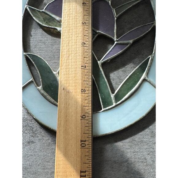 Vintage Leaded Stained Glass Oval Window Pane Iris Suncatcher - Picture 5 of 6